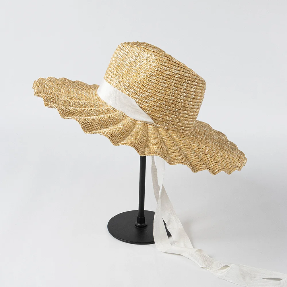 USPOP New Spring Summer Sun Hats Fashion Casual Scalloped Brim Straw Jazz Hat with Straps for Outdoor Beach Sun Protection