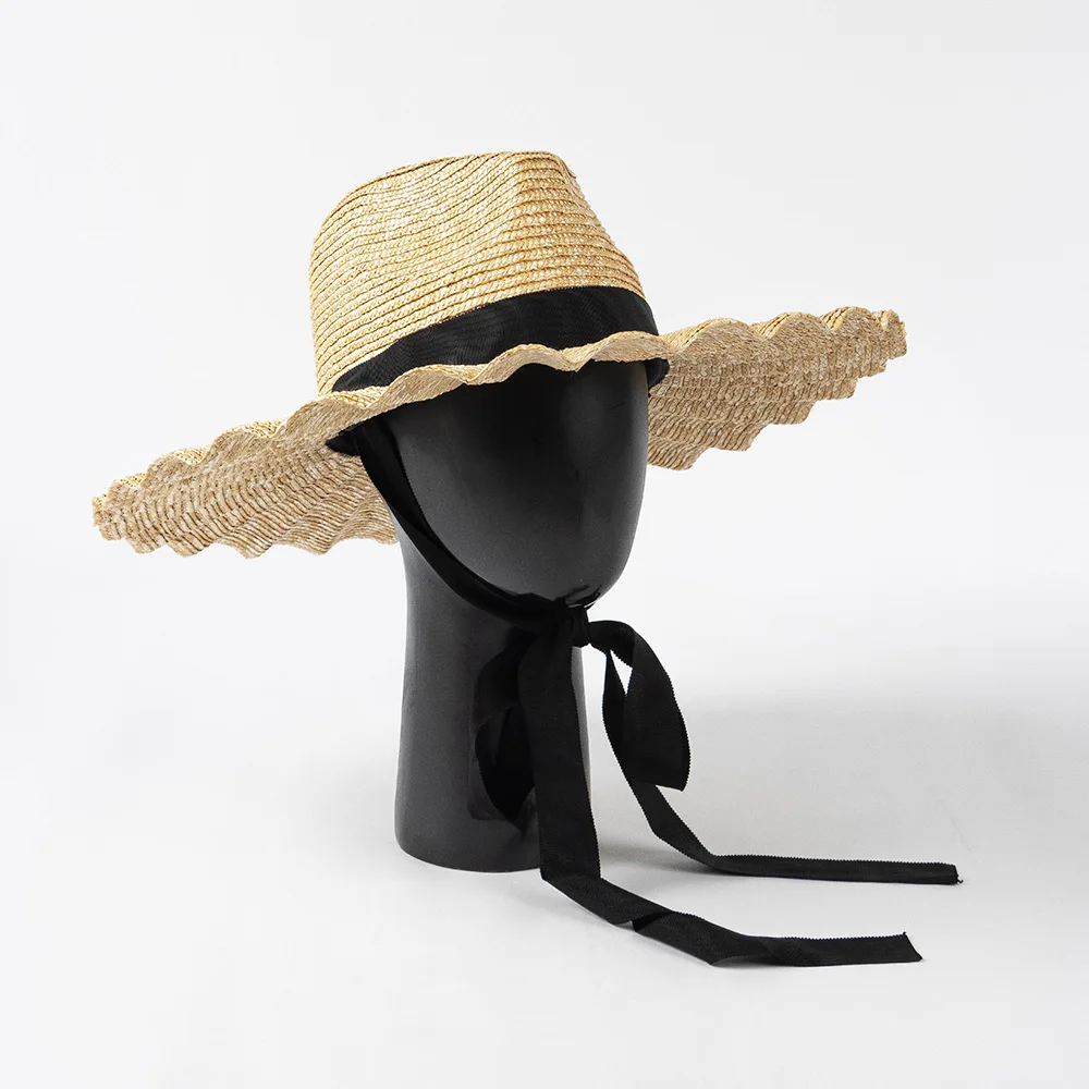 USPOP New Spring Summer Sun Hats Fashion Casual Scalloped Brim Straw Jazz Hat with Straps for Outdoor Beach Sun Protection