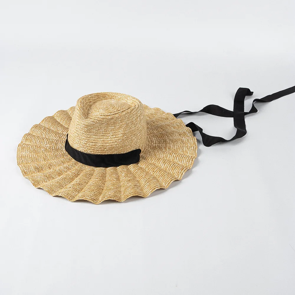 USPOP New Spring Summer Sun Hats Fashion Casual Scalloped Brim Straw Jazz Hat with Straps for Outdoor Beach Sun Protection