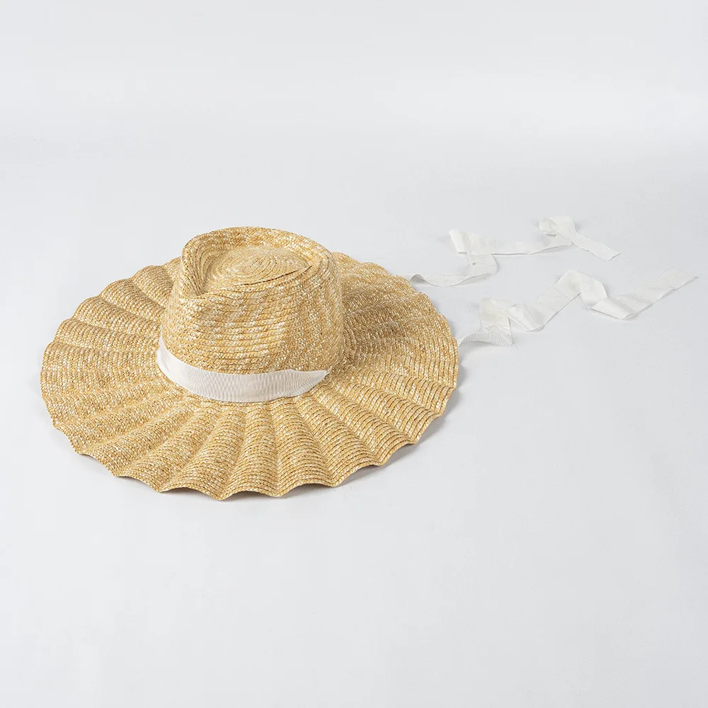 USPOP New Spring Summer Sun Hats Fashion Casual Scalloped Brim Straw Jazz Hat with Straps for Outdoor Beach Sun Protection
