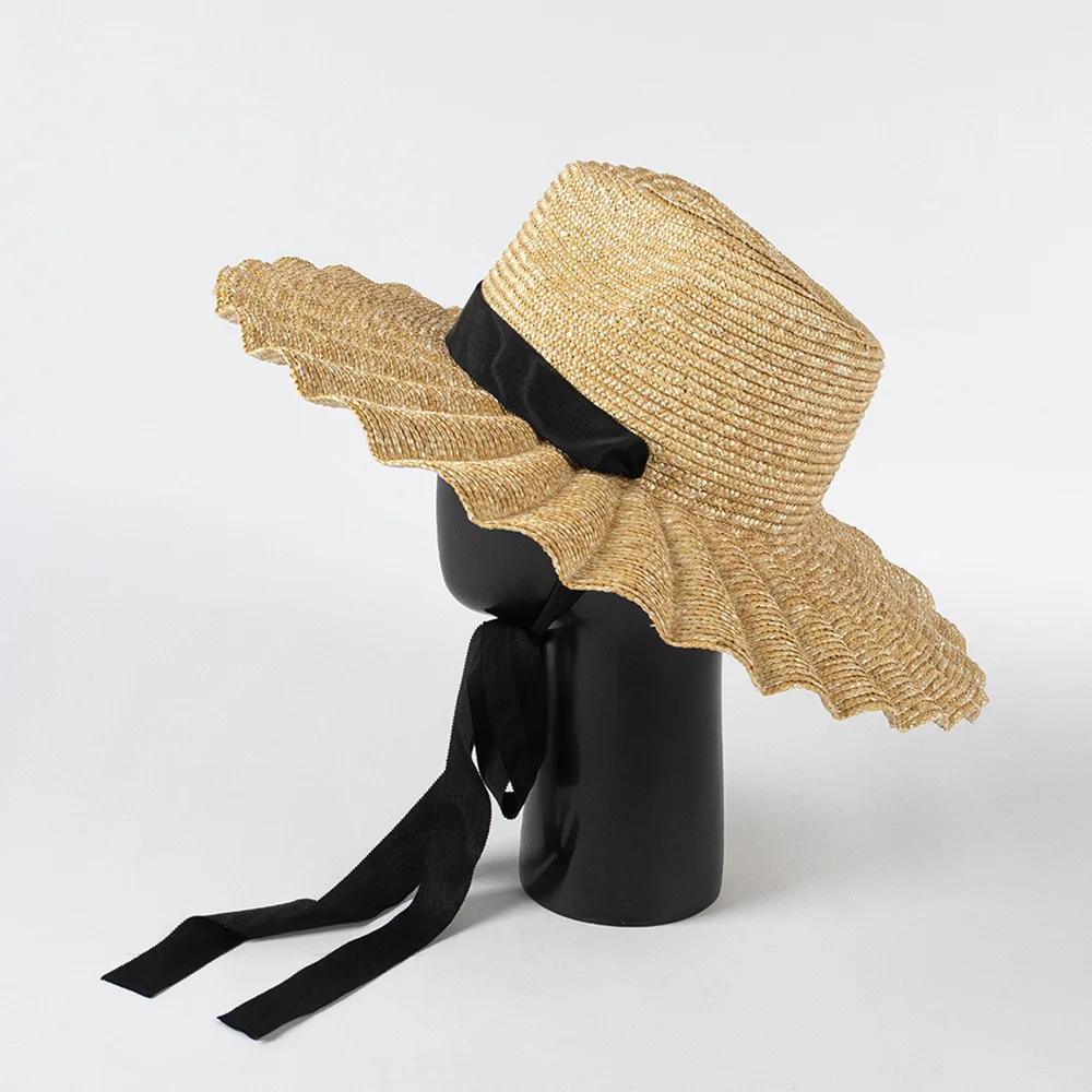 USPOP New Spring Summer Sun Hats Fashion Casual Scalloped Brim Straw Jazz Hat with Straps for Outdoor Beach Sun Protection