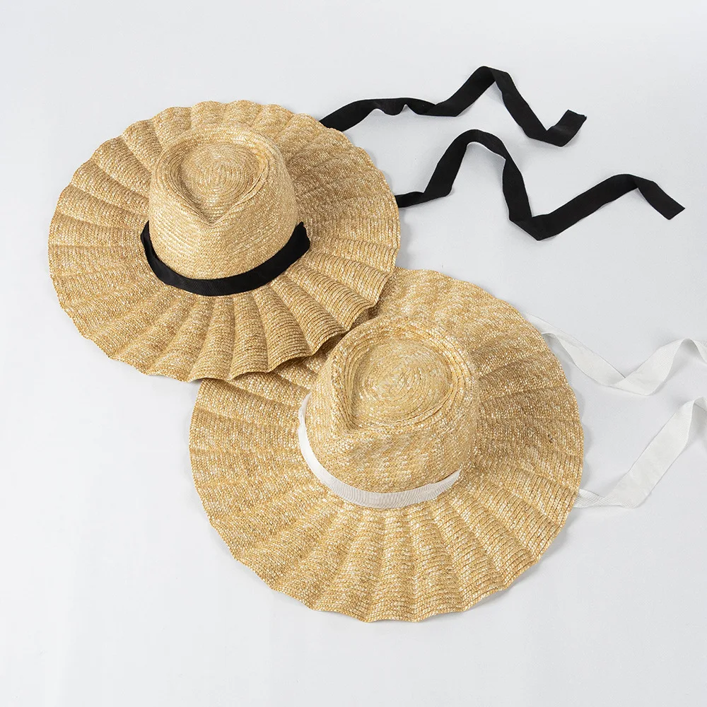 USPOP New Spring Summer Sun Hats Fashion Casual Scalloped Brim Straw Jazz Hat with Straps for Outdoor Beach Sun Protection