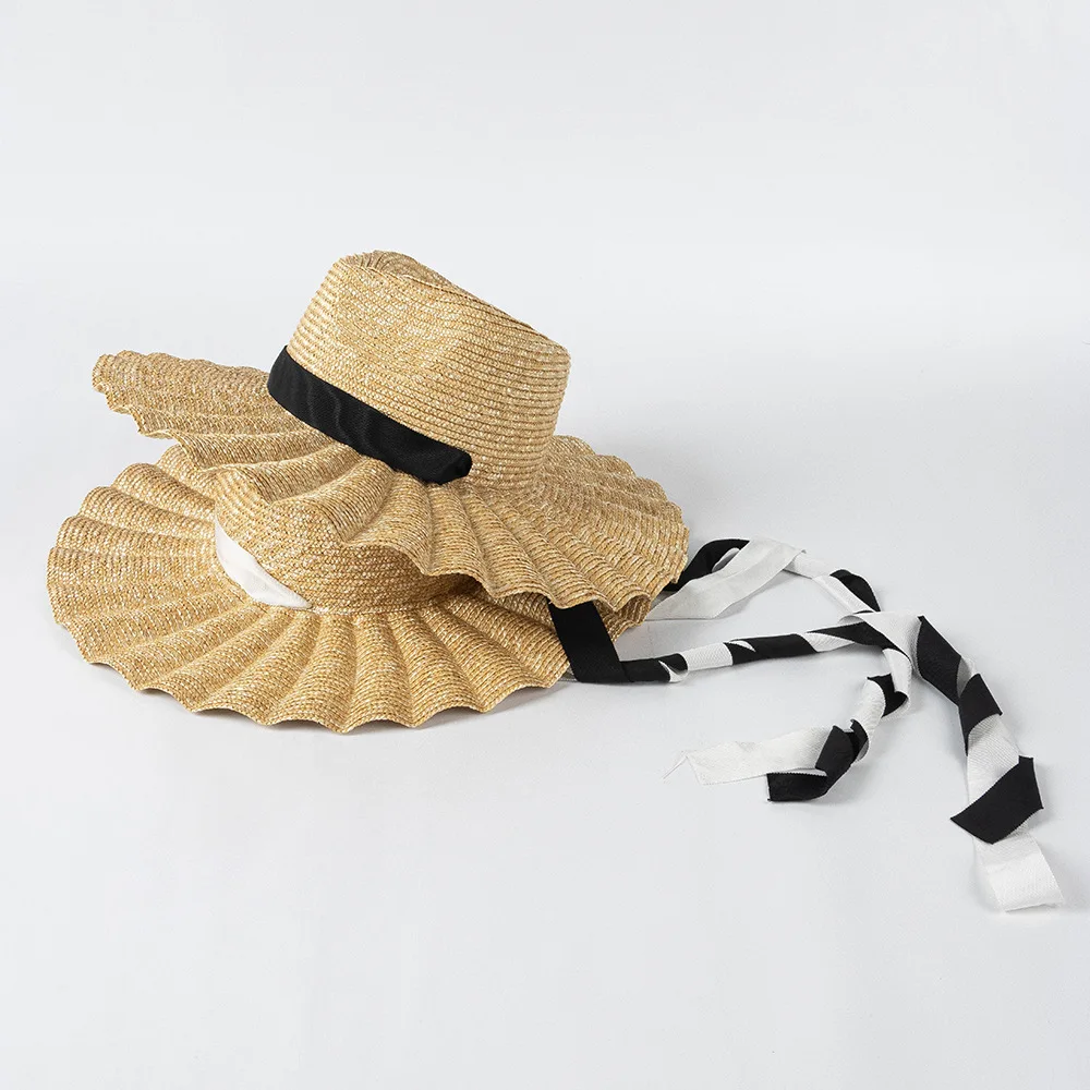 USPOP New Spring Summer Sun Hats Fashion Casual Scalloped Brim Straw Jazz Hat with Straps for Outdoor Beach Sun Protection