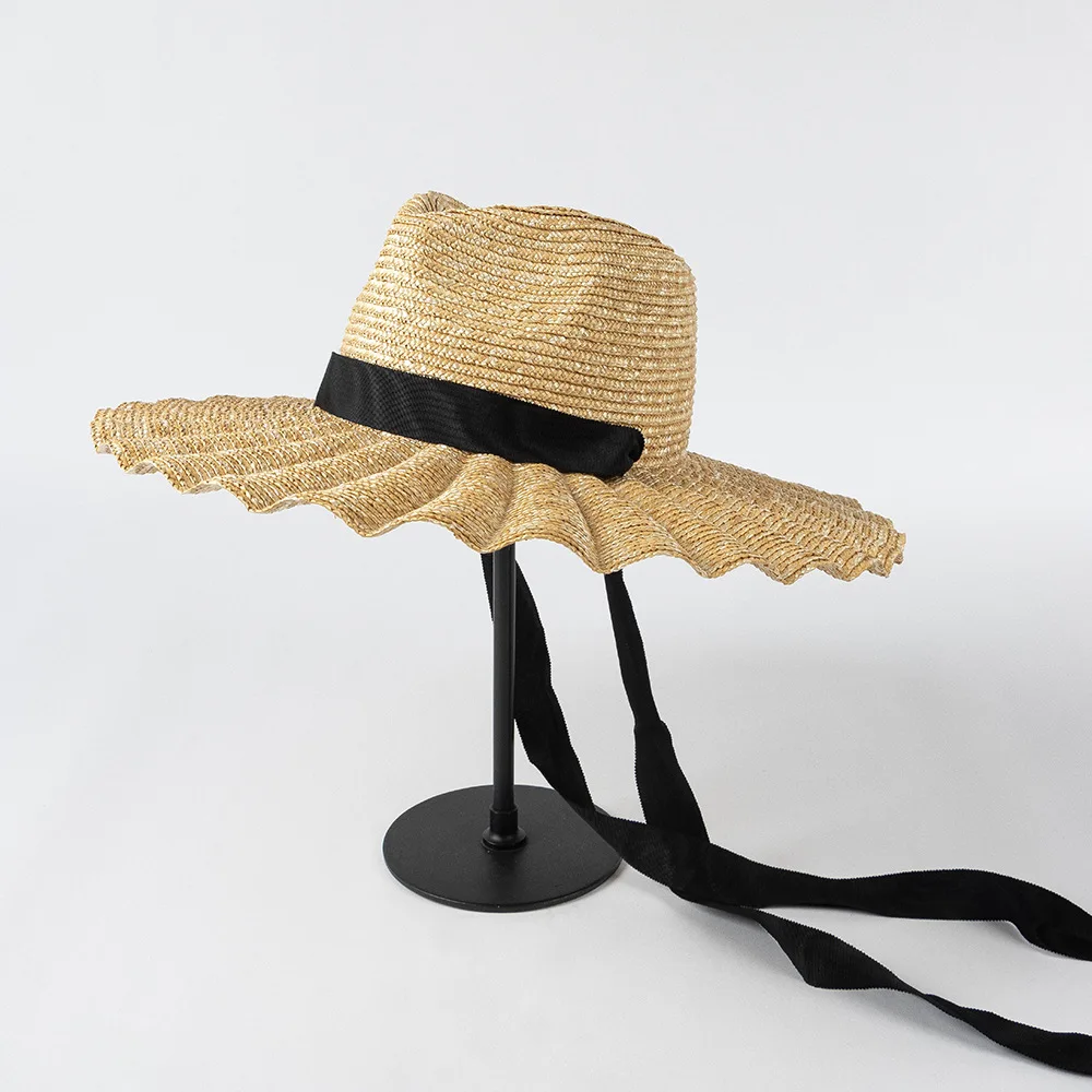 USPOP New Spring Summer Sun Hats Fashion Casual Scalloped Brim Straw Jazz Hat with Straps for Outdoor Beach Sun Protection