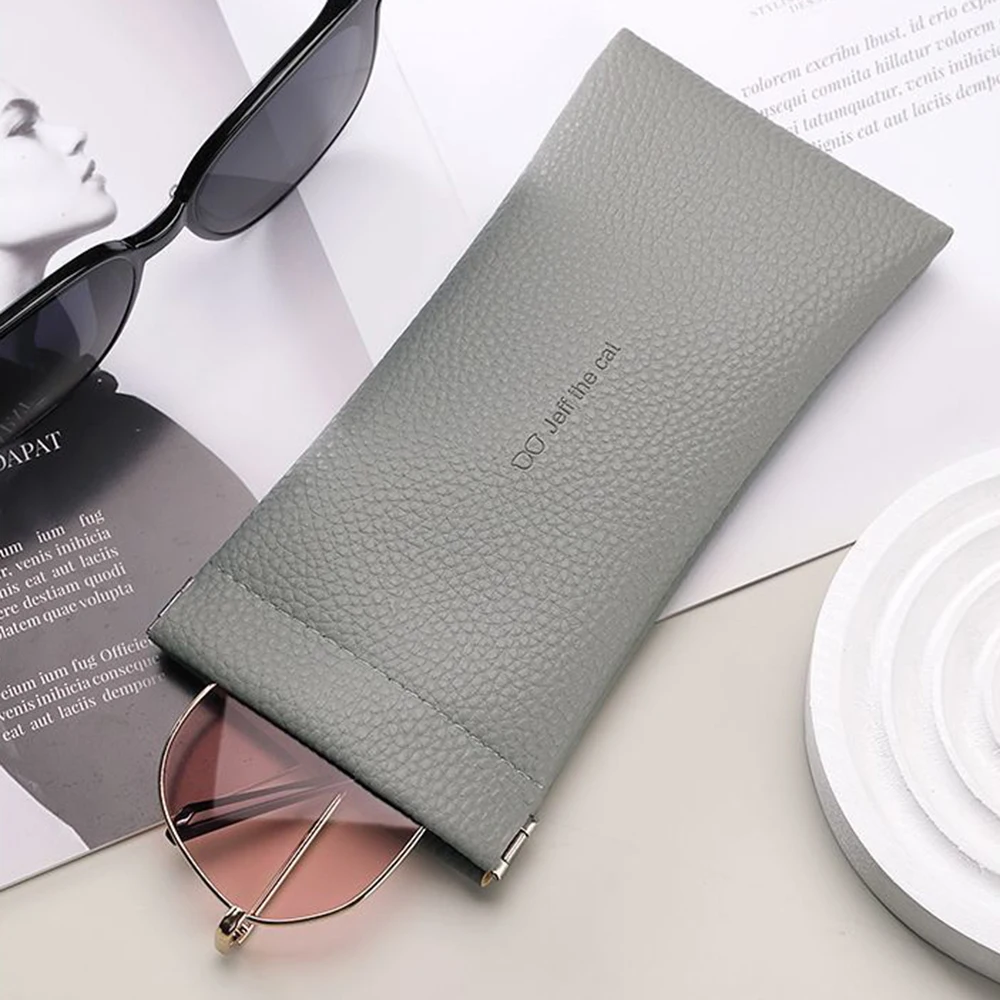 Glasses Case Women's Lychee PU Leather Glasses Storage Bag Automatic Closed Cover Soft Eyewear Pouch Data Cable Organiser 2024