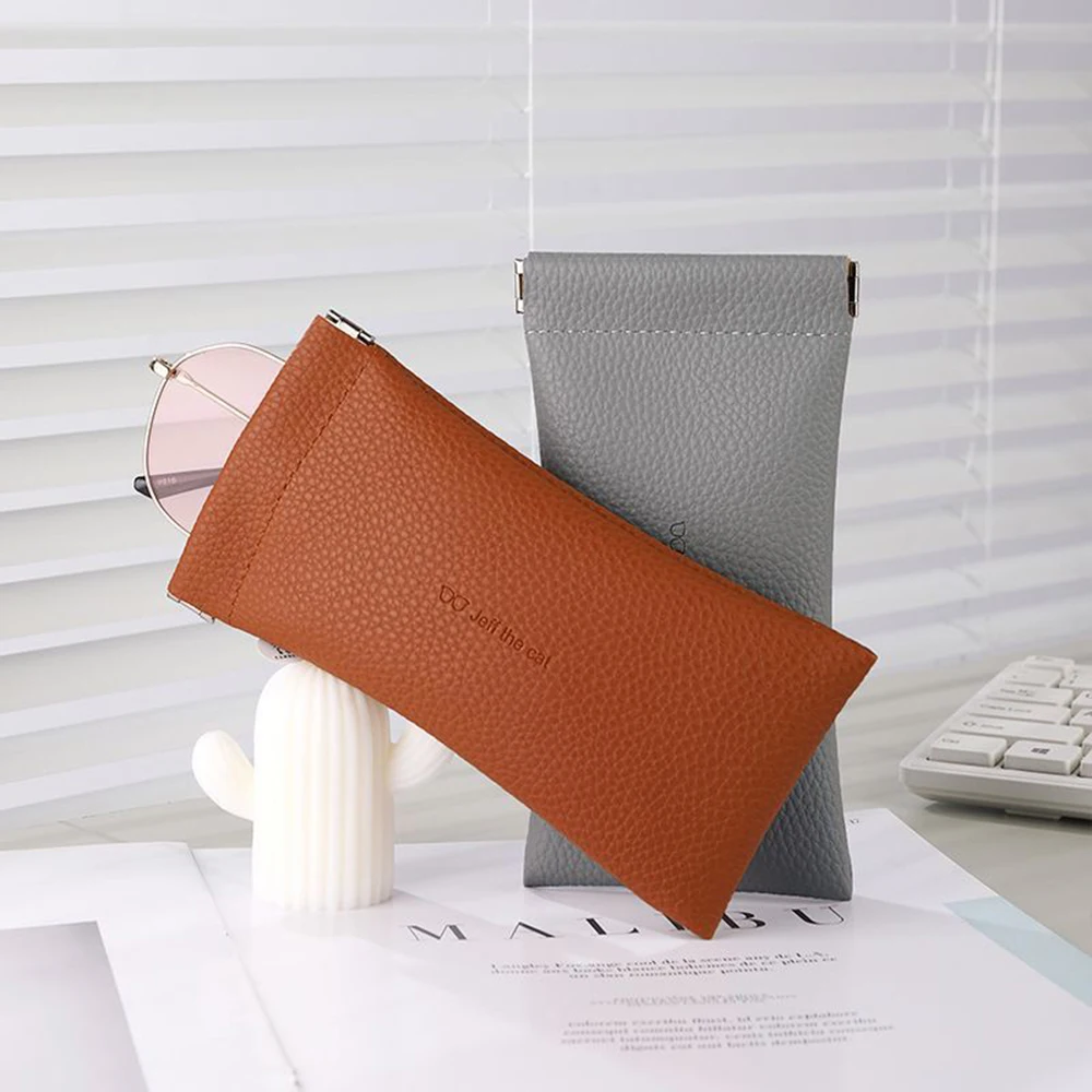 Glasses Case Women's Lychee PU Leather Glasses Storage Bag Automatic Closed Cover Soft Eyewear Pouch Data Cable Organiser 2024