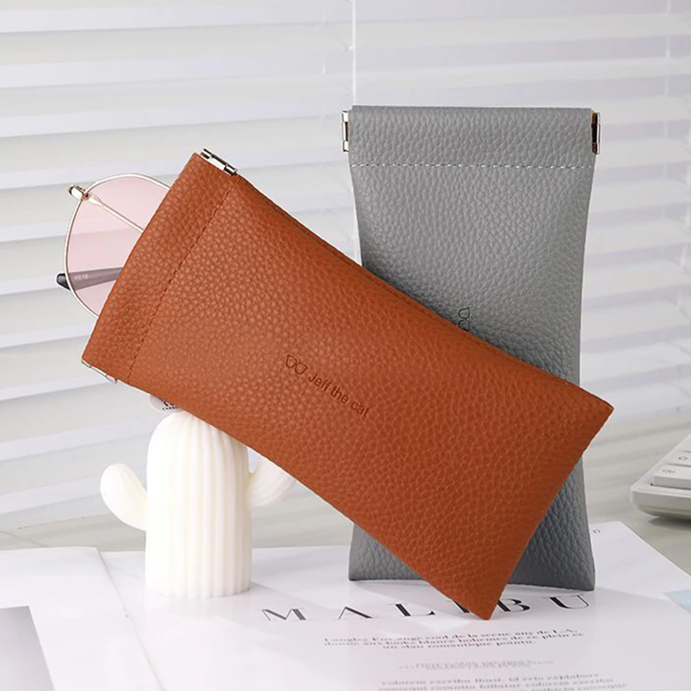 Glasses Case Women's Lychee PU Leather Glasses Storage Bag Automatic Closed Cover Soft Eyewear Pouch Data Cable Organiser 2024