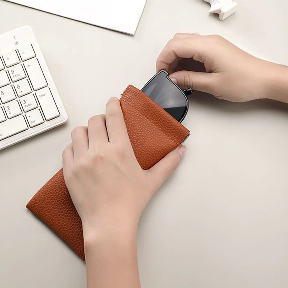 Glasses Case Women's Lychee PU Leather Glasses Storage Bag Automatic Closed Cover Soft Eyewear Pouch Data Cable Organiser 2024