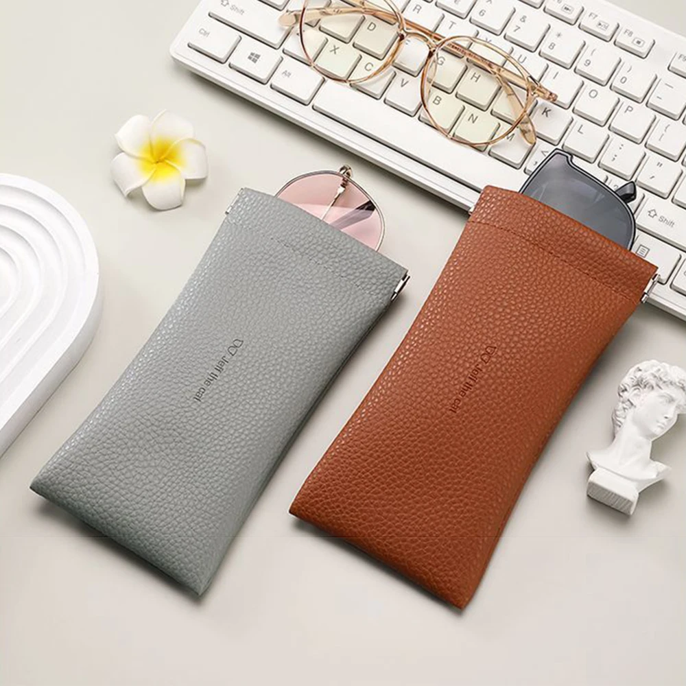 Glasses Case Women's Lychee PU Leather Glasses Storage Bag Automatic Closed Cover Soft Eyewear Pouch Data Cable Organiser 2024