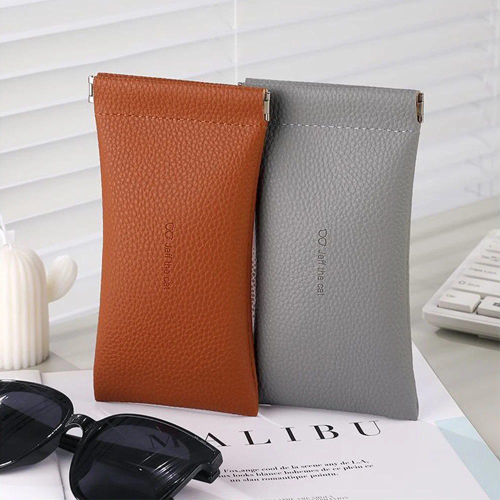 Glasses Case Women's Lychee PU Leather Glasses Storage Bag Automatic Closed Cover Soft Eyewear Pouch Data Cable Organiser 2024