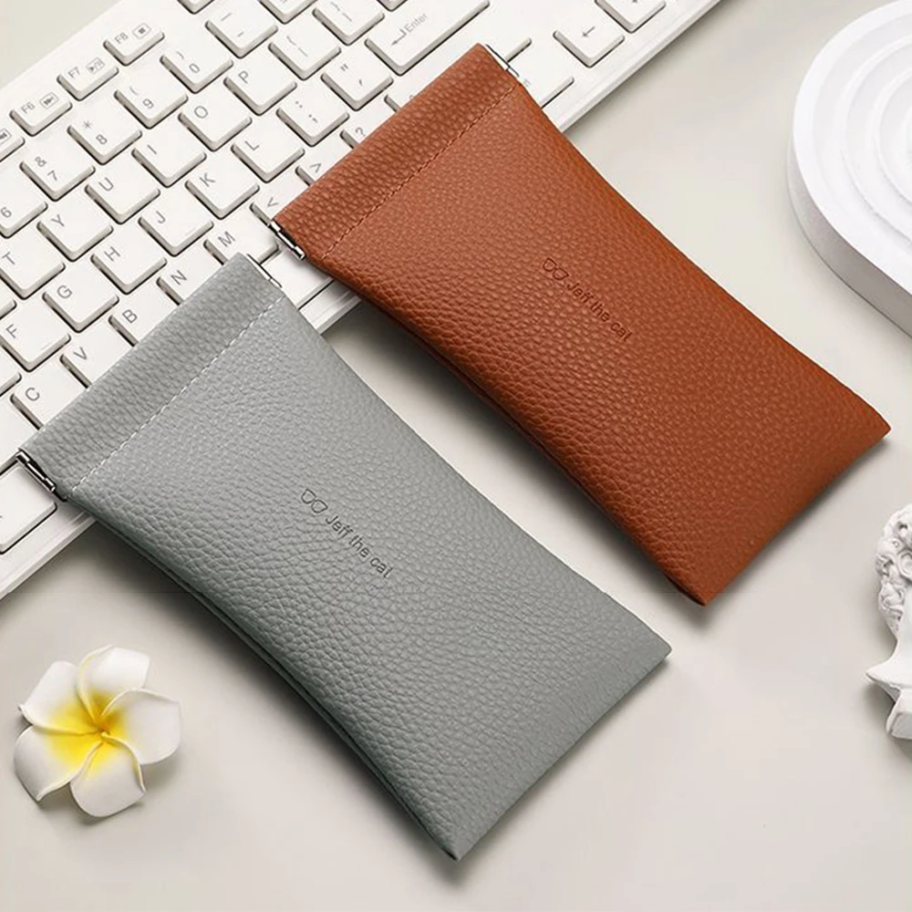 Glasses Case Women's Lychee PU Leather Glasses Storage Bag Automatic Closed Cover Soft Eyewear Pouch Data Cable Organiser 2024