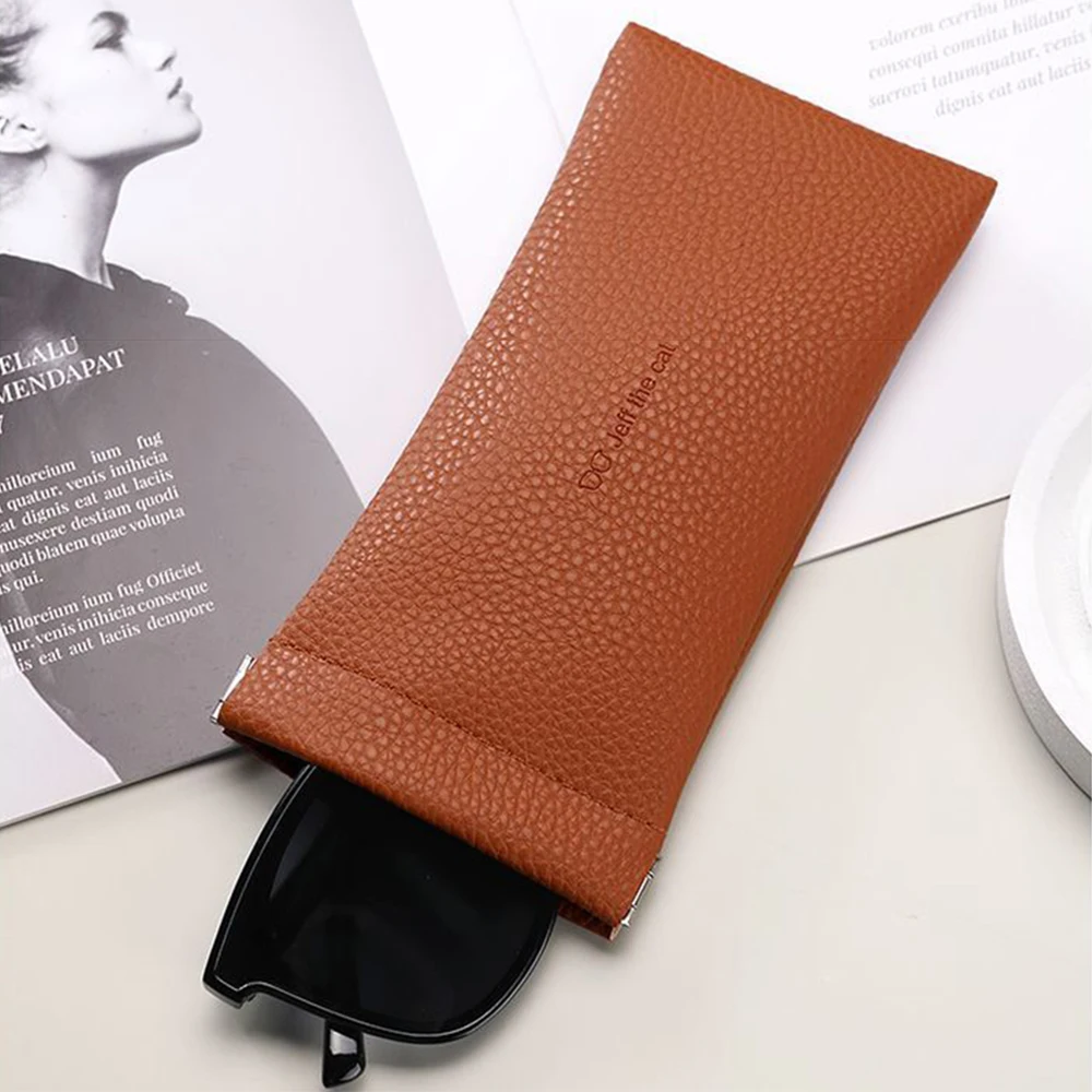 Glasses Case Women's Lychee PU Leather Glasses Storage Bag Automatic Closed Cover Soft Eyewear Pouch Data Cable Organiser 2024