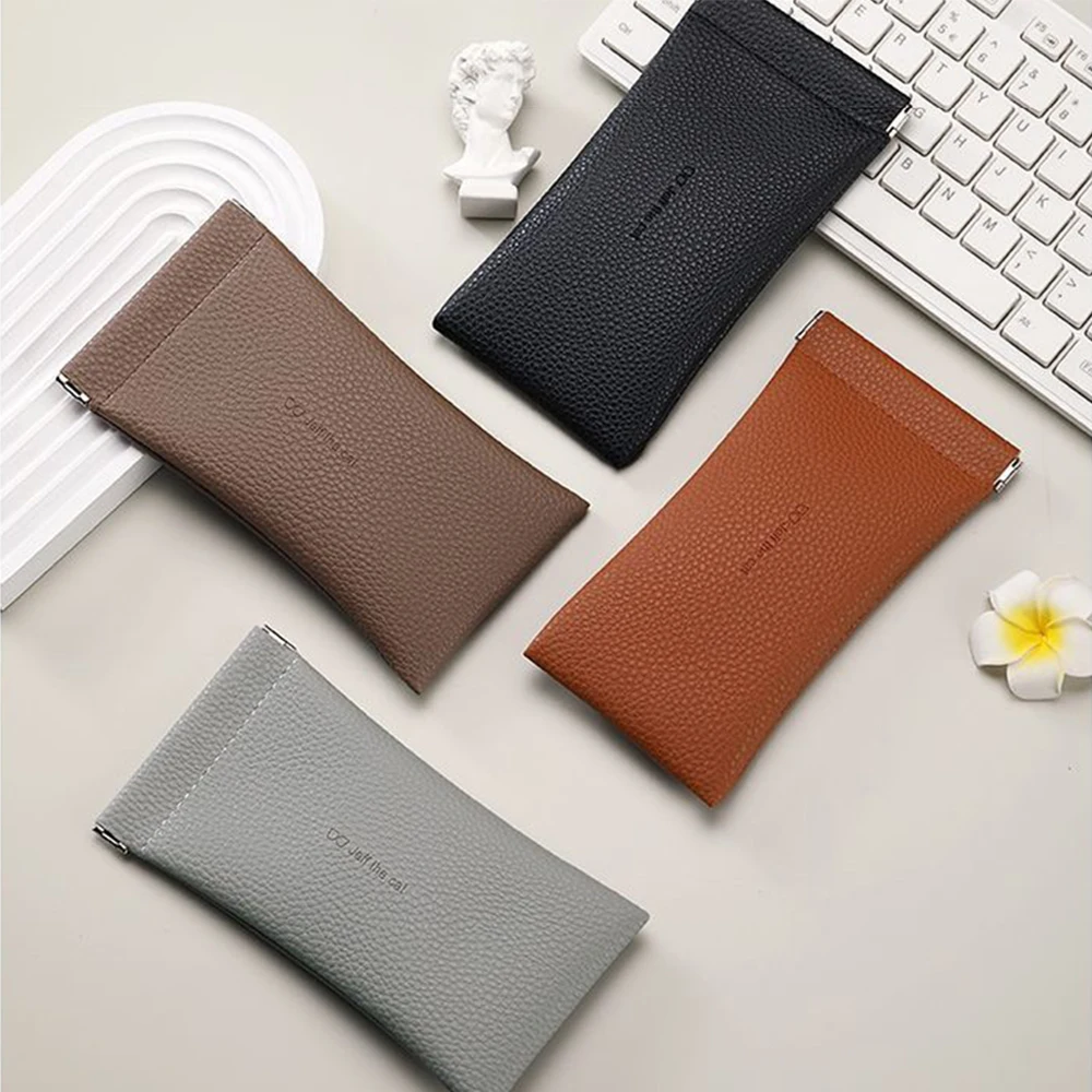 Glasses Case Women's Lychee PU Leather Glasses Storage Bag Automatic Closed Cover Soft Eyewear Pouch Data Cable Organiser 2024
