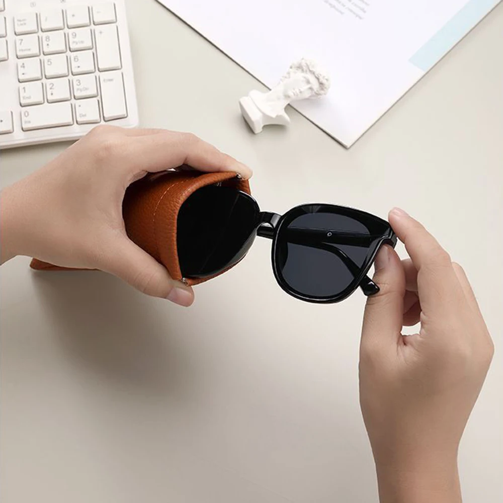 Glasses Case Women's Lychee PU Leather Glasses Storage Bag Automatic Closed Cover Soft Eyewear Pouch Data Cable Organiser 2024