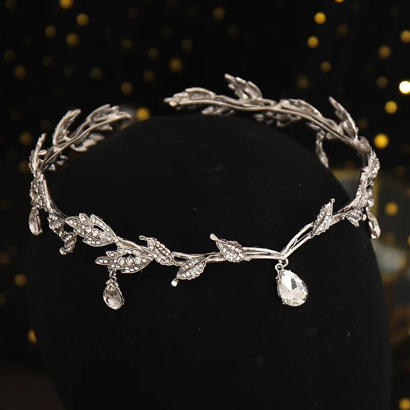 Vintage Fairy Crown Tiaras Crystal Leaves Elf Tiara Bandana Hair Accessories for Women Costume Hair Jewelry