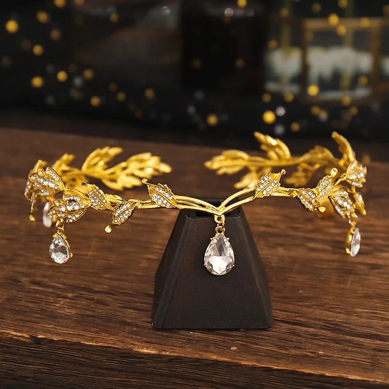 Vintage Fairy Crown Tiaras Crystal Leaves Elf Tiara Bandana Hair Accessories for Women Costume Hair Jewelry