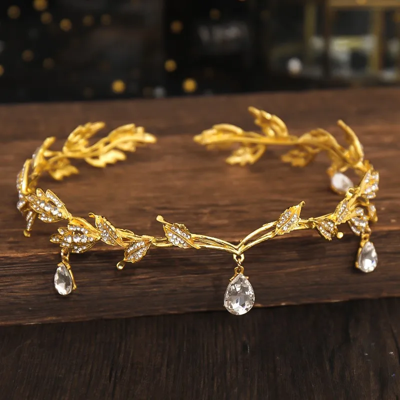 Vintage Fairy Crown Tiaras Crystal Leaves Elf Tiara Bandana Hair Accessories for Women Costume Hair Jewelry