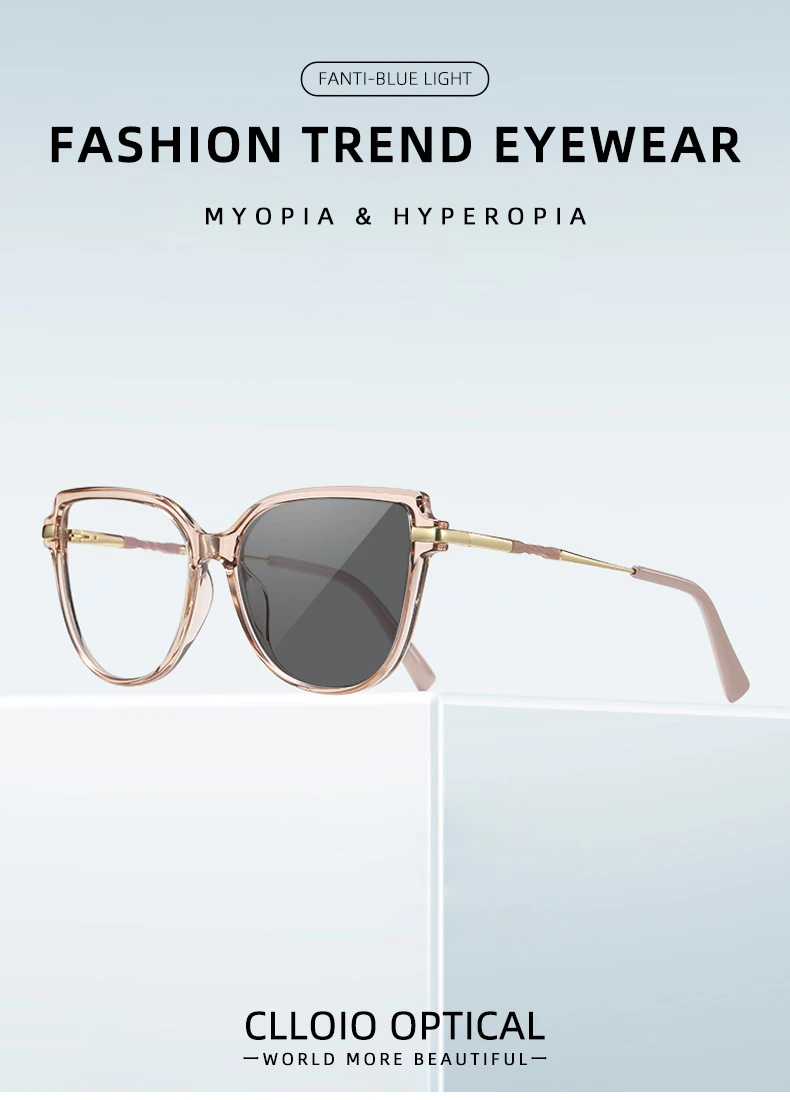 CLLOIO TR90 Women Anti blue Blocking Reading Eyeglass Fashion Oversize Cat Eye Frame Photochromic Prescription Optical Glasse