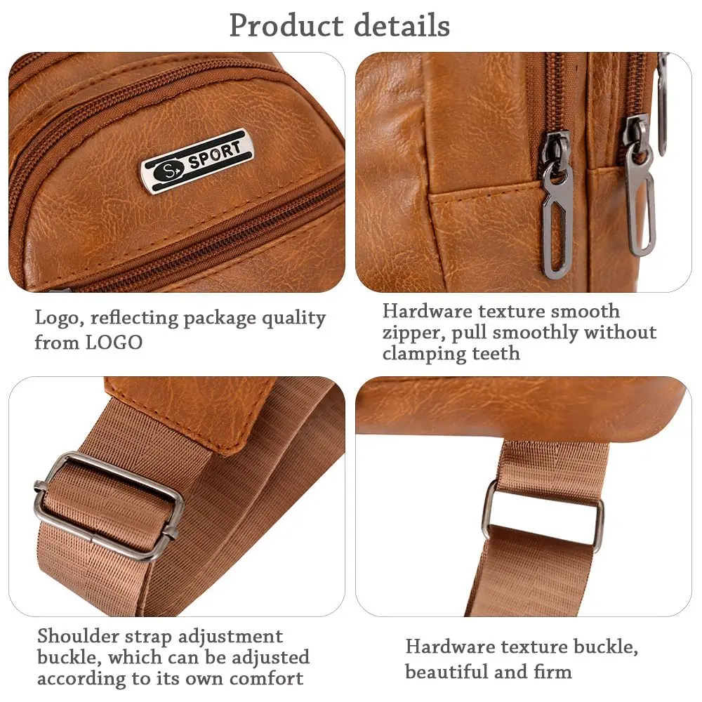 Fashion Men Bags Leather Chest Shoulder Crossbody Bag Zipper Pack Sling Shoulder Bag Outdoor Travel Bags