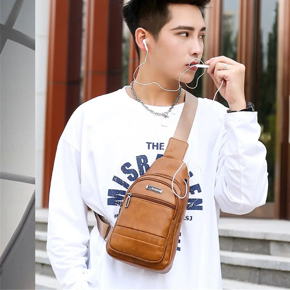 Fashion Men Bags Leather Chest Shoulder Crossbody Bag Zipper Pack Sling Shoulder Bag Outdoor Travel Bags