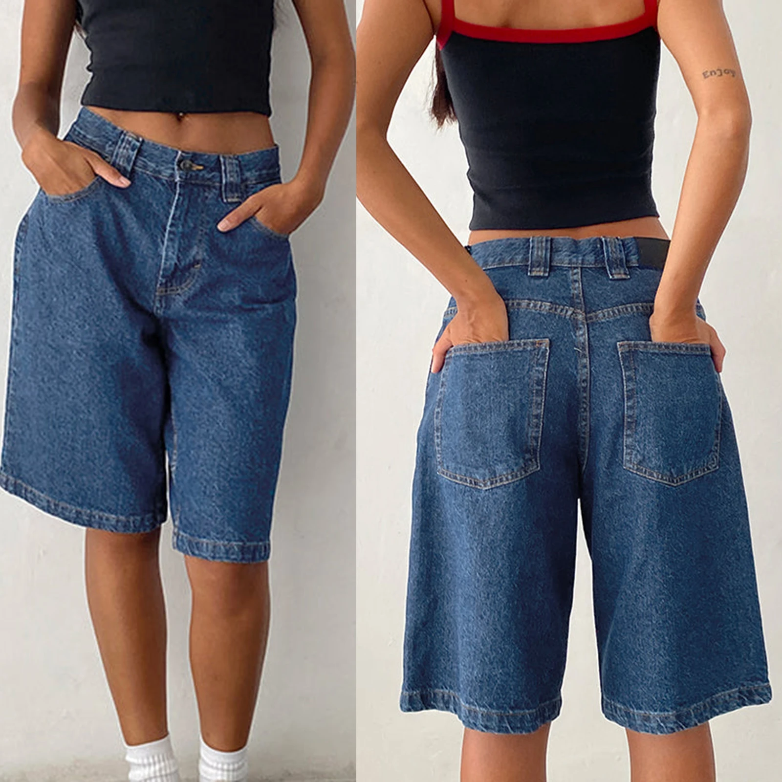 New Fashion Womens Knee Length Denim Shorts Loose Solid Color Low Rise Wide Leg Long Shorts With Pockets For Summer S-2XL
