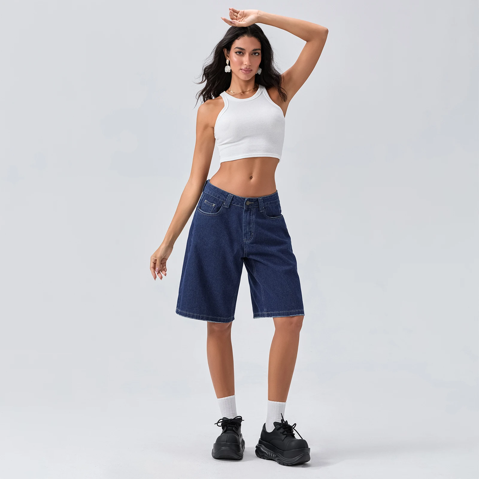 New Fashion Womens Knee Length Denim Shorts Loose Solid Color Low Rise Wide Leg Long Shorts With Pockets For Summer S-2XL