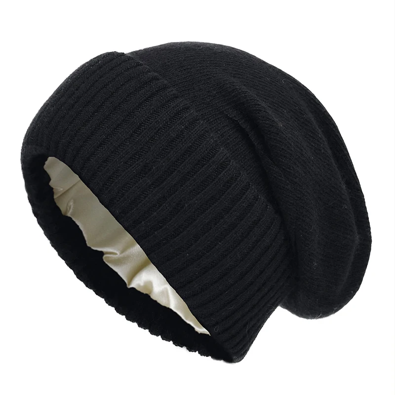 100%Cashmere Beanie Hat for Women's Winter Satin Lined Knitted Solid Skullies Cap Silk Lining Soft Warm Slouchy Bonnet
