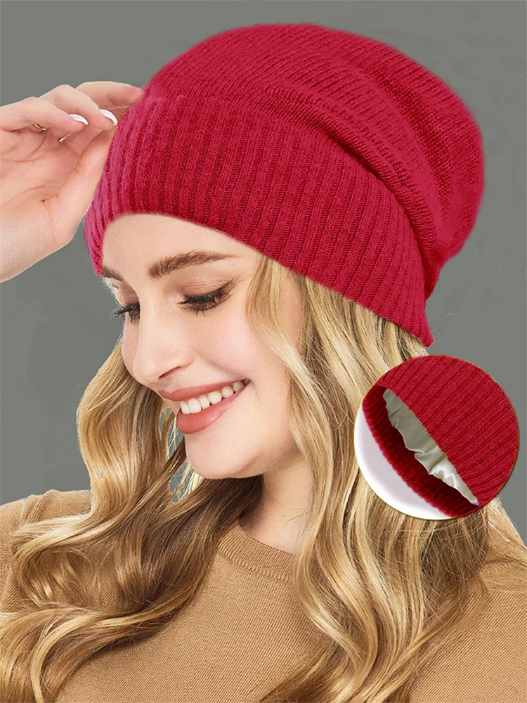 100%Cashmere Beanie Hat for Women's Winter Satin Lined Knitted Solid Skullies Cap Silk Lining Soft Warm Slouchy Bonnet