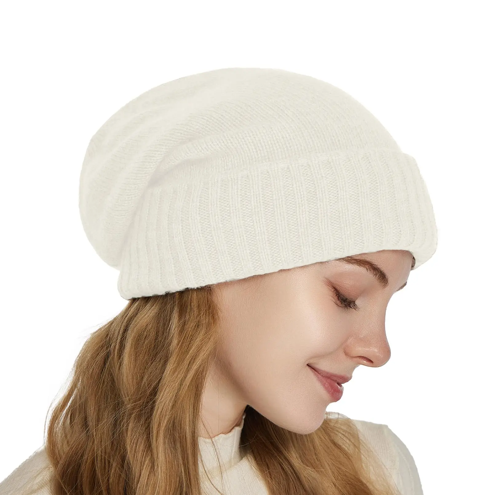 100%Cashmere Beanie Hat for Women's Winter Satin Lined Knitted Solid Skullies Cap Silk Lining Soft Warm Slouchy Bonnet