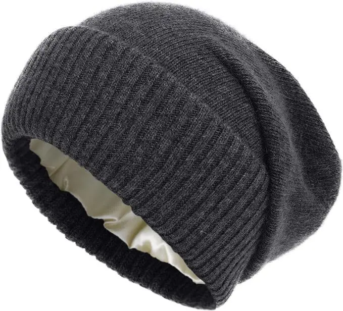 100%Cashmere Beanie Hat for Women's Winter Satin Lined Knitted Solid Skullies Cap Silk Lining Soft Warm Slouchy Bonnet