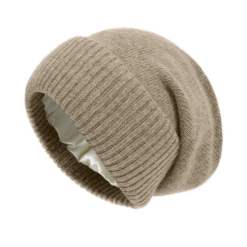 100%Cashmere Beanie Hat for Women's Winter Satin Lined Knitted Solid Skullies Cap Silk Lining Soft Warm Slouchy Bonnet