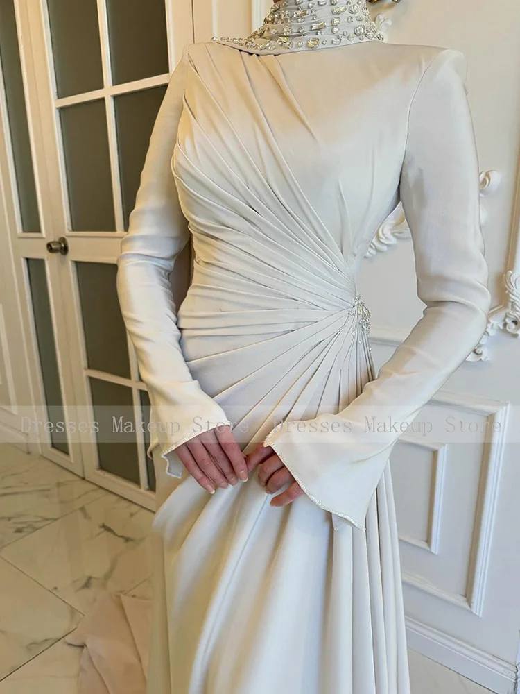 Customized Luxury Formal Dresses Long Sleeves Rhinestone Pleat Draped Special Occasion Dress High Collar Evening Gowns for Women