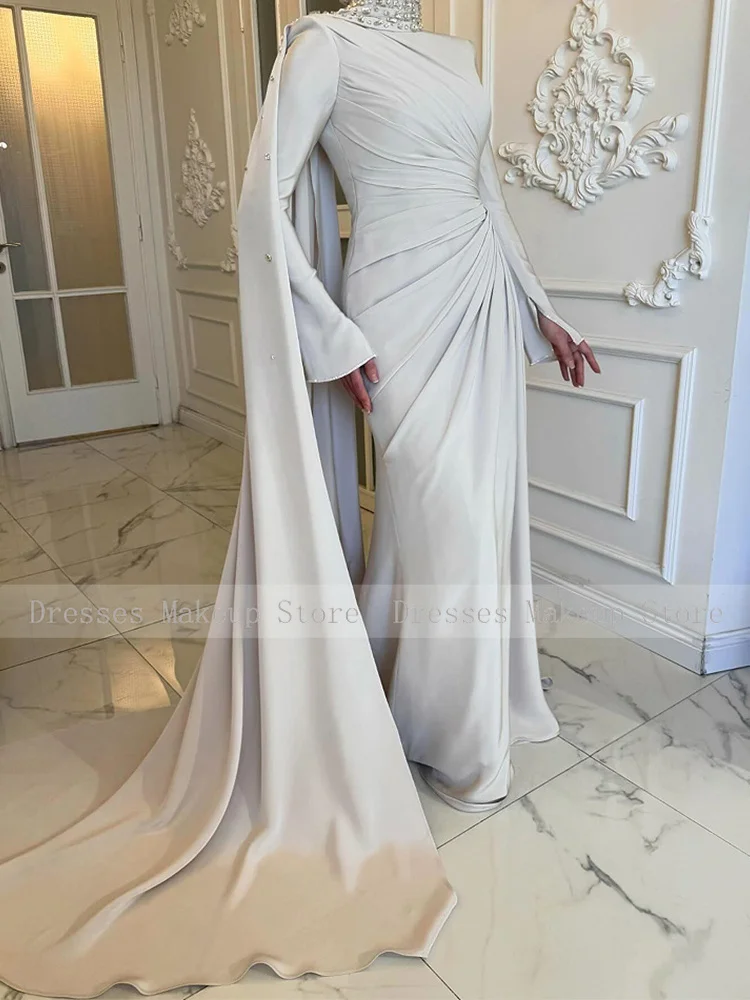 Customized Luxury Formal Dresses Long Sleeves Rhinestone Pleat Draped Special Occasion Dress High Collar Evening Gowns for Women