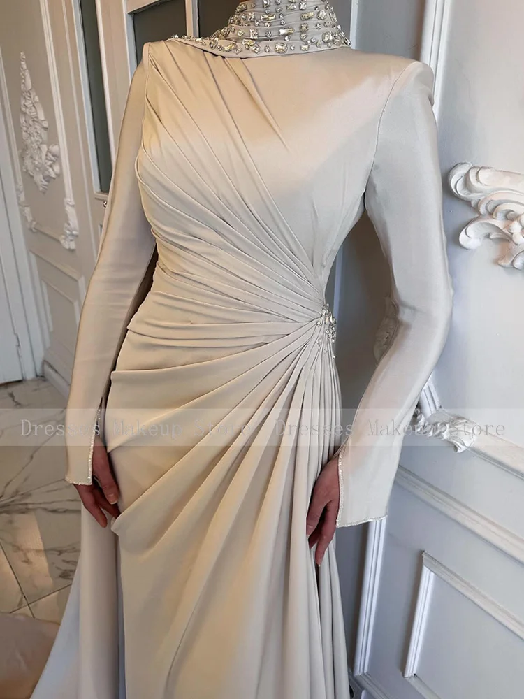 Customized Luxury Formal Dresses Long Sleeves Rhinestone Pleat Draped Special Occasion Dress High Collar Evening Gowns for Women