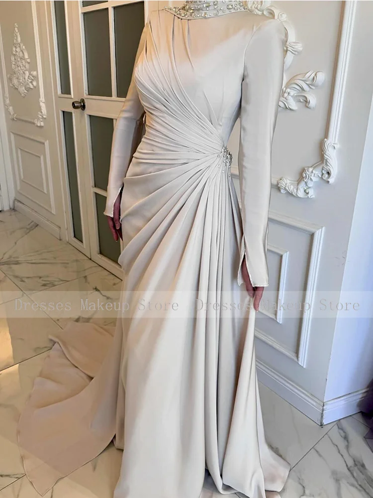 Customized Luxury Formal Dresses Long Sleeves Rhinestone Pleat Draped Special Occasion Dress High Collar Evening Gowns for Women
