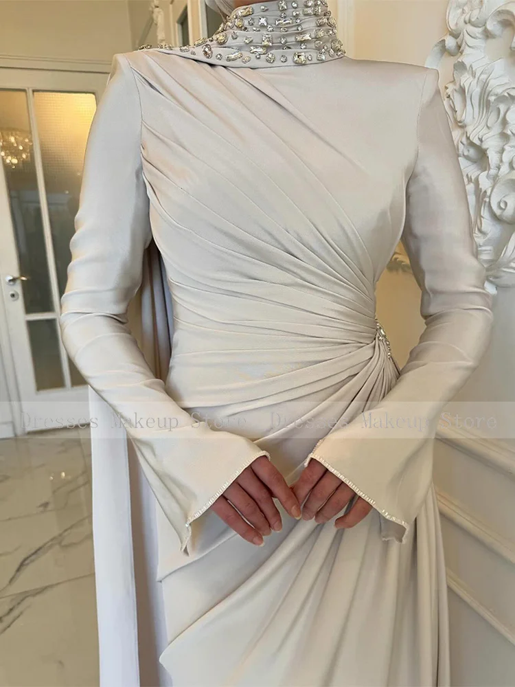 Customized Luxury Formal Dresses Long Sleeves Rhinestone Pleat Draped Special Occasion Dress High Collar Evening Gowns for Women