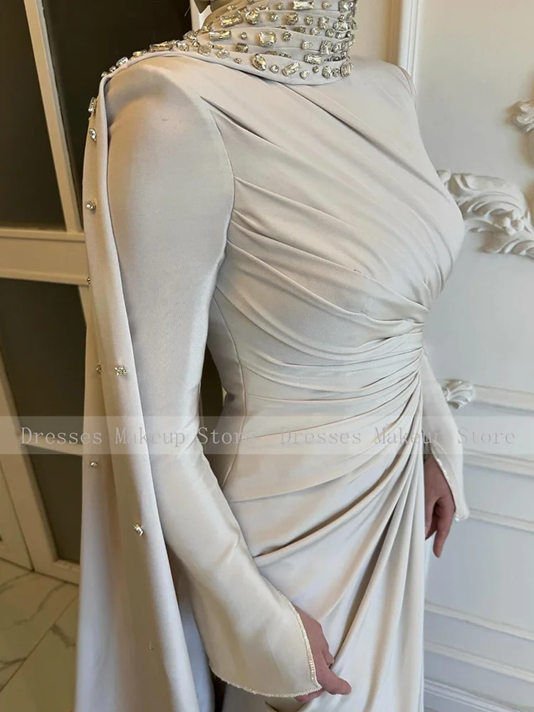 Customized Luxury Formal Dresses Long Sleeves Rhinestone Pleat Draped Special Occasion Dress High Collar Evening Gowns for Women