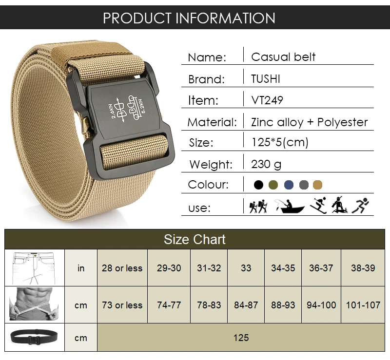 VATLTY 5cm / 2in Elastic Belt for Men Aluminum Buckle Lightweight Wide Belt Military Tactical Belt Grey Casual Girdle Male