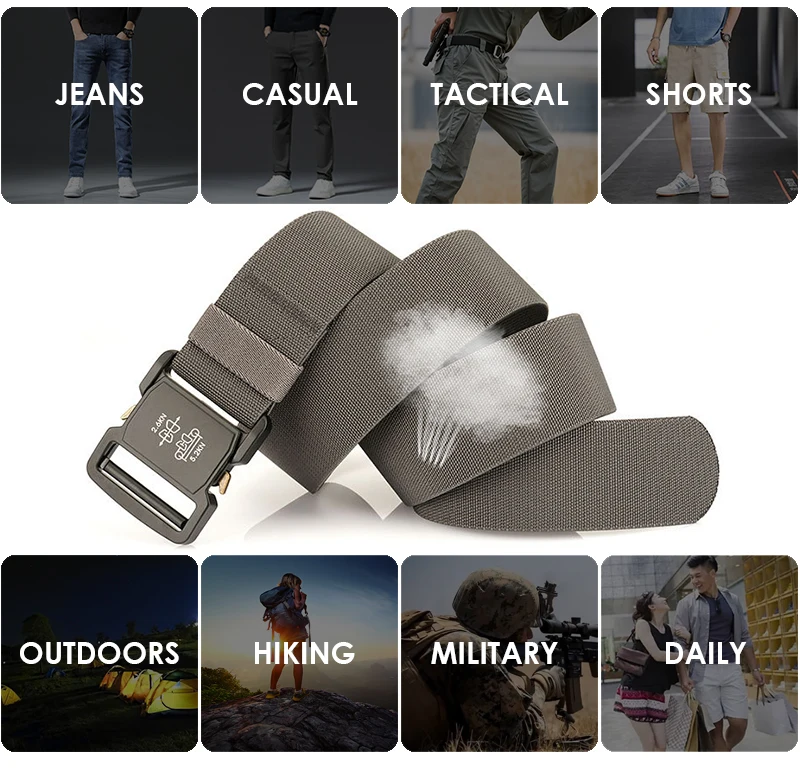 VATLTY 5cm / 2in Elastic Belt for Men Aluminum Buckle Lightweight Wide Belt Military Tactical Belt Grey Casual Girdle Male