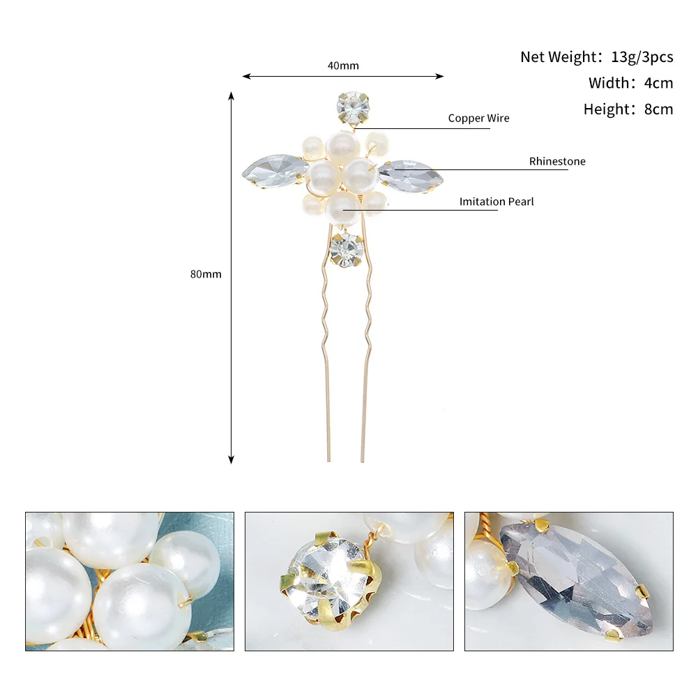 3Pcs/set Crystal Pearl Hairpins for Women Wedding Party Bag Hat Accessories Hair Sticks Girls Holiday Gifts Jewelry Headpieces