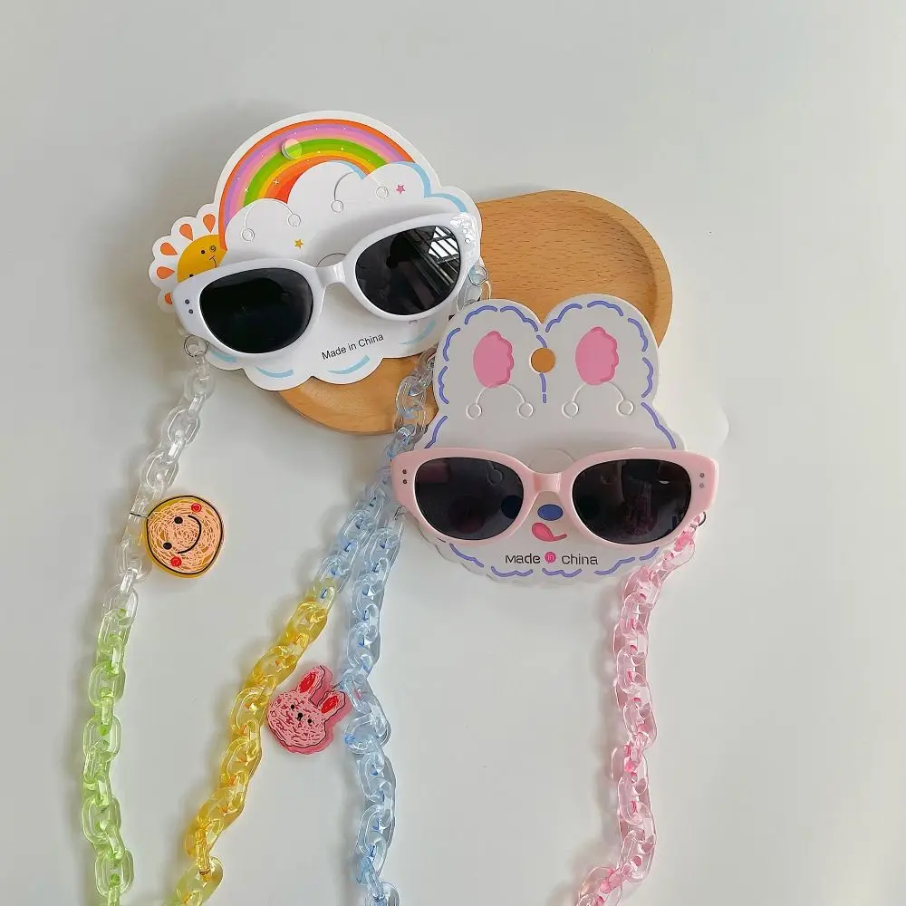 2Pcs/Set Spring Summer Kids Cat Eye Sunglasses Kawaii Fashion Sunscreen Eyeglasses with Eyeglass Chains Outdoor Children Eyewear