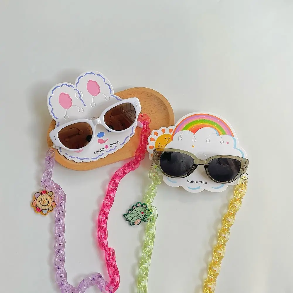 2Pcs/Set Spring Summer Kids Cat Eye Sunglasses Kawaii Fashion Sunscreen Eyeglasses with Eyeglass Chains Outdoor Children Eyewear