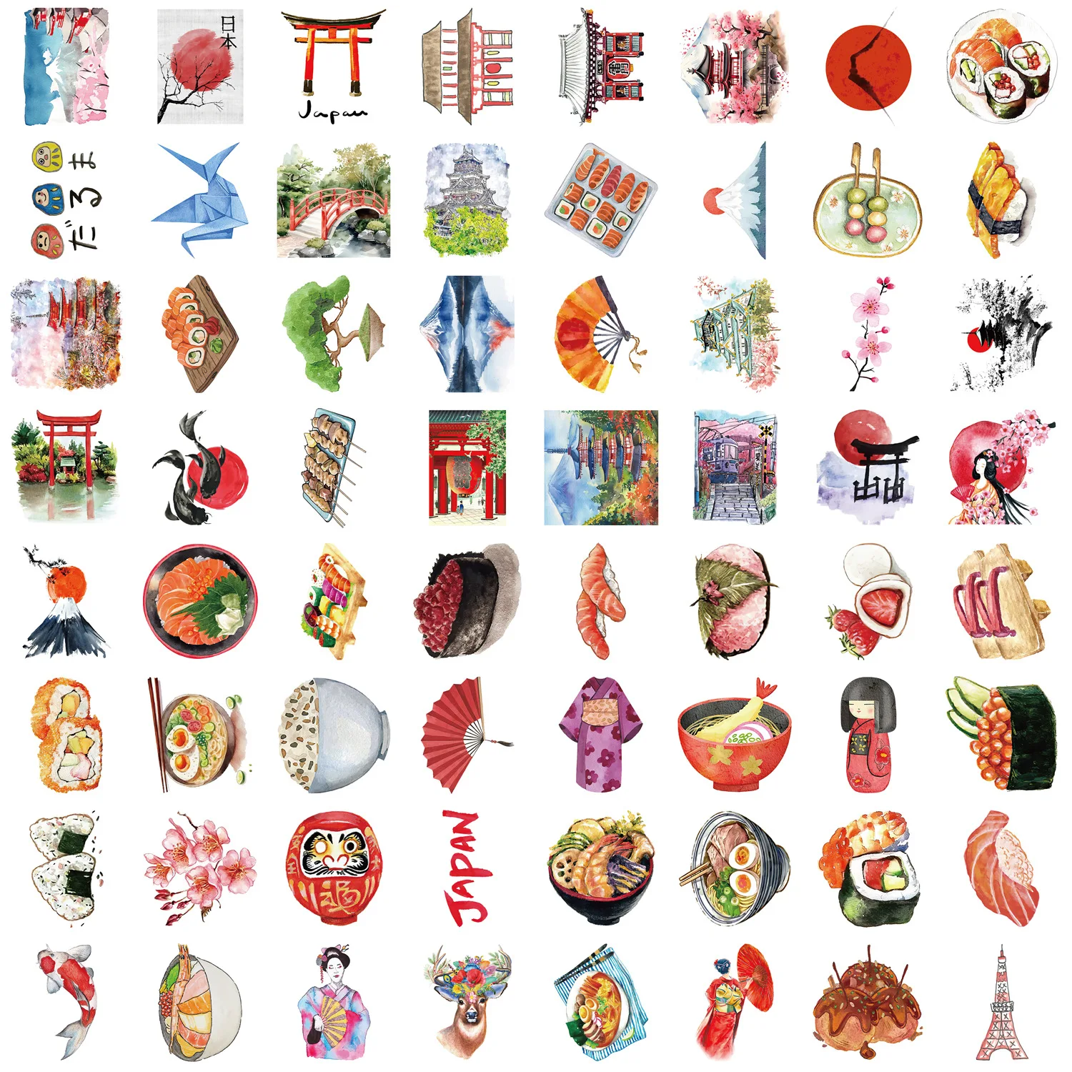 64pcs Watercolor Japan Travel Cartoon Graffiti Sticker DIY Phone Guitar Laptop Notebook Suitcase Cup Waterproof Sticker Kids Toy
