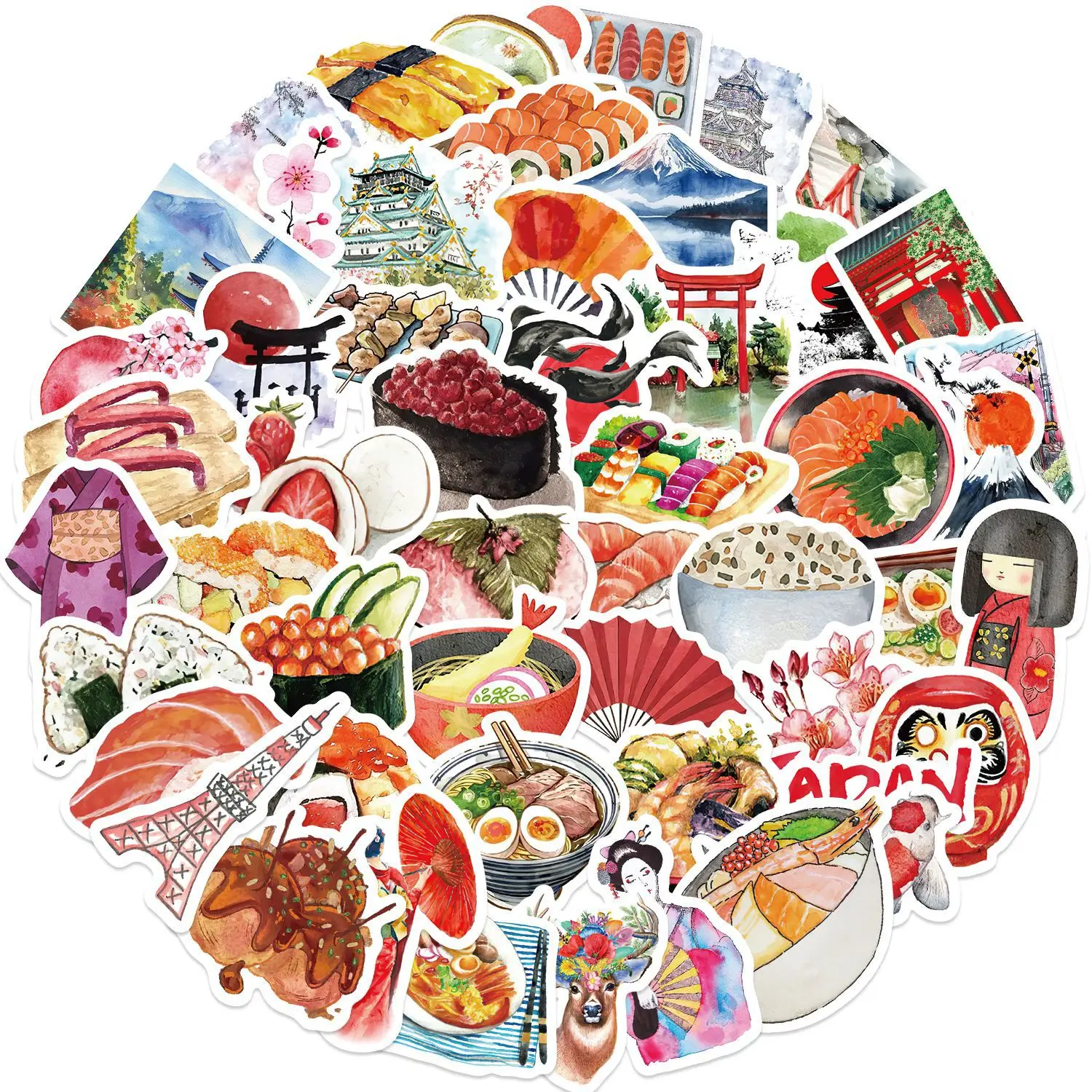 64pcs Watercolor Japan Travel Cartoon Graffiti Sticker DIY Phone Guitar Laptop Notebook Suitcase Cup Waterproof Sticker Kids Toy