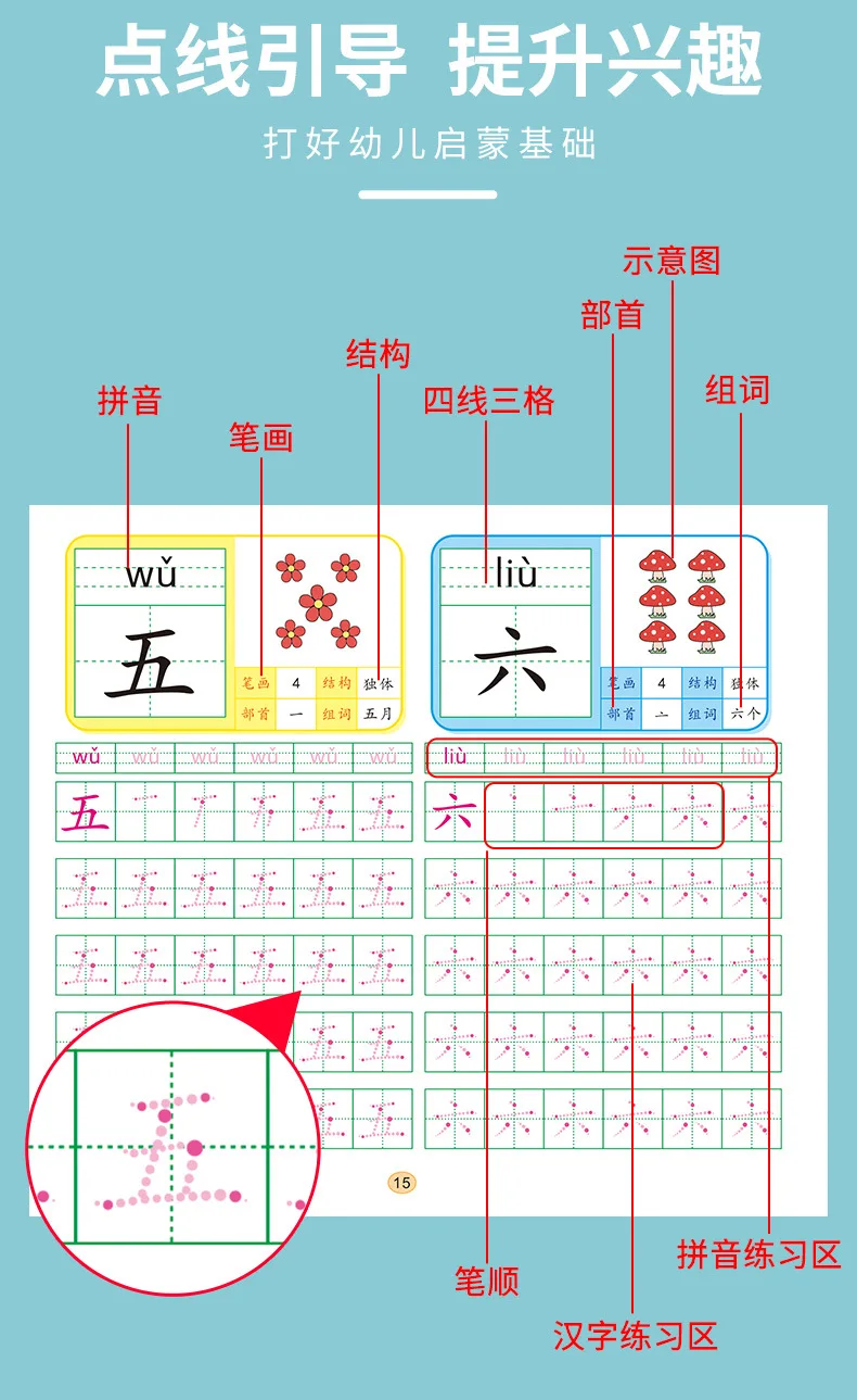 4 Sets of Pre-School 600-word Calligraphy Practice Stickers Pen Control Training for Students and Chinese Characters Beginners