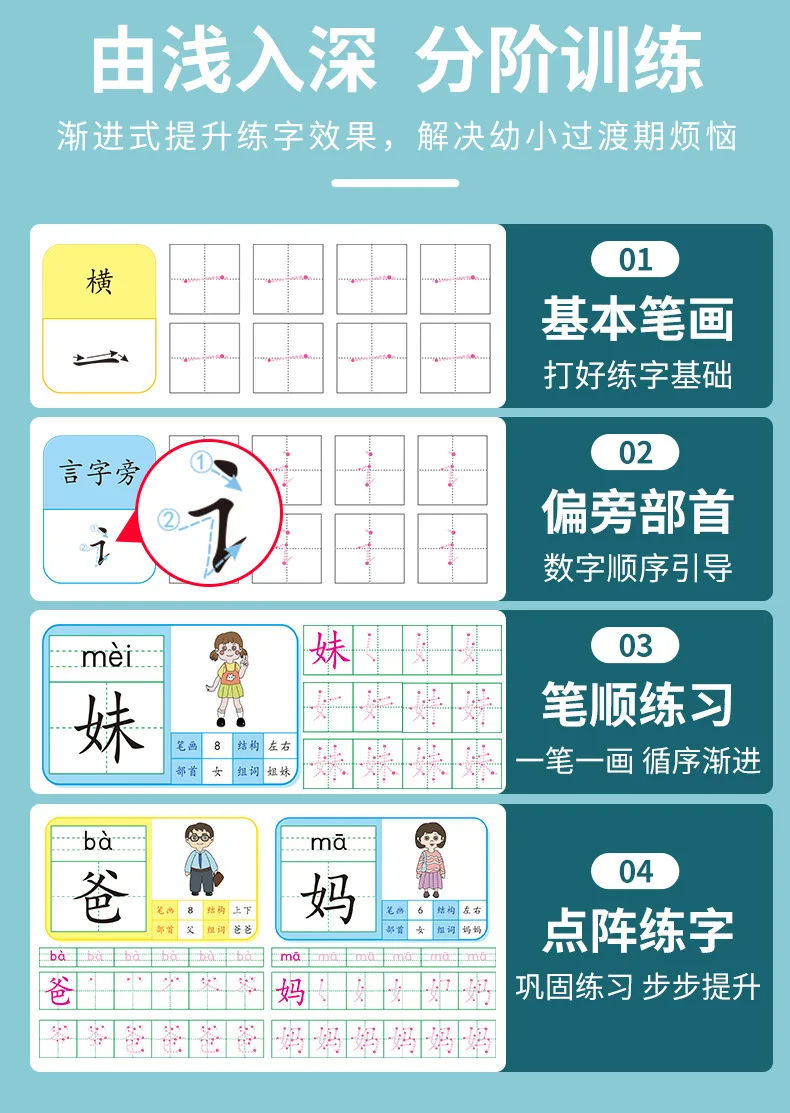 4 Sets of Pre-School 600-word Calligraphy Practice Stickers Pen Control Training for Students and Chinese Characters Beginners