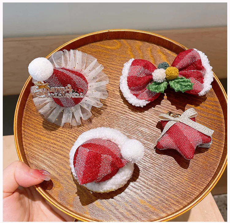 Creative Christmas Hair Clips for Children Cute Red Bowknot Christmas Hat Hairpins Girl Hair Accessories