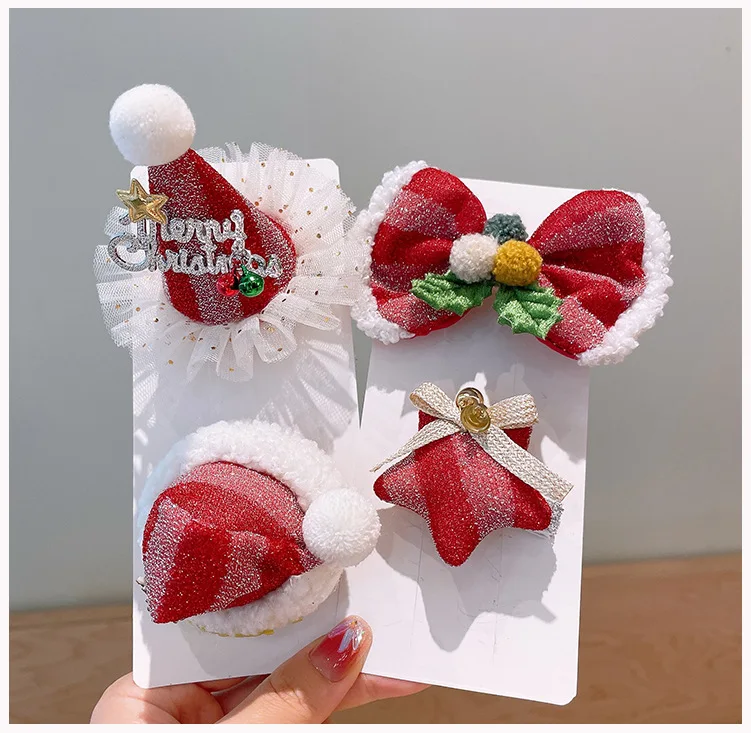 Creative Christmas Hair Clips for Children Cute Red Bowknot Christmas Hat Hairpins Girl Hair Accessories