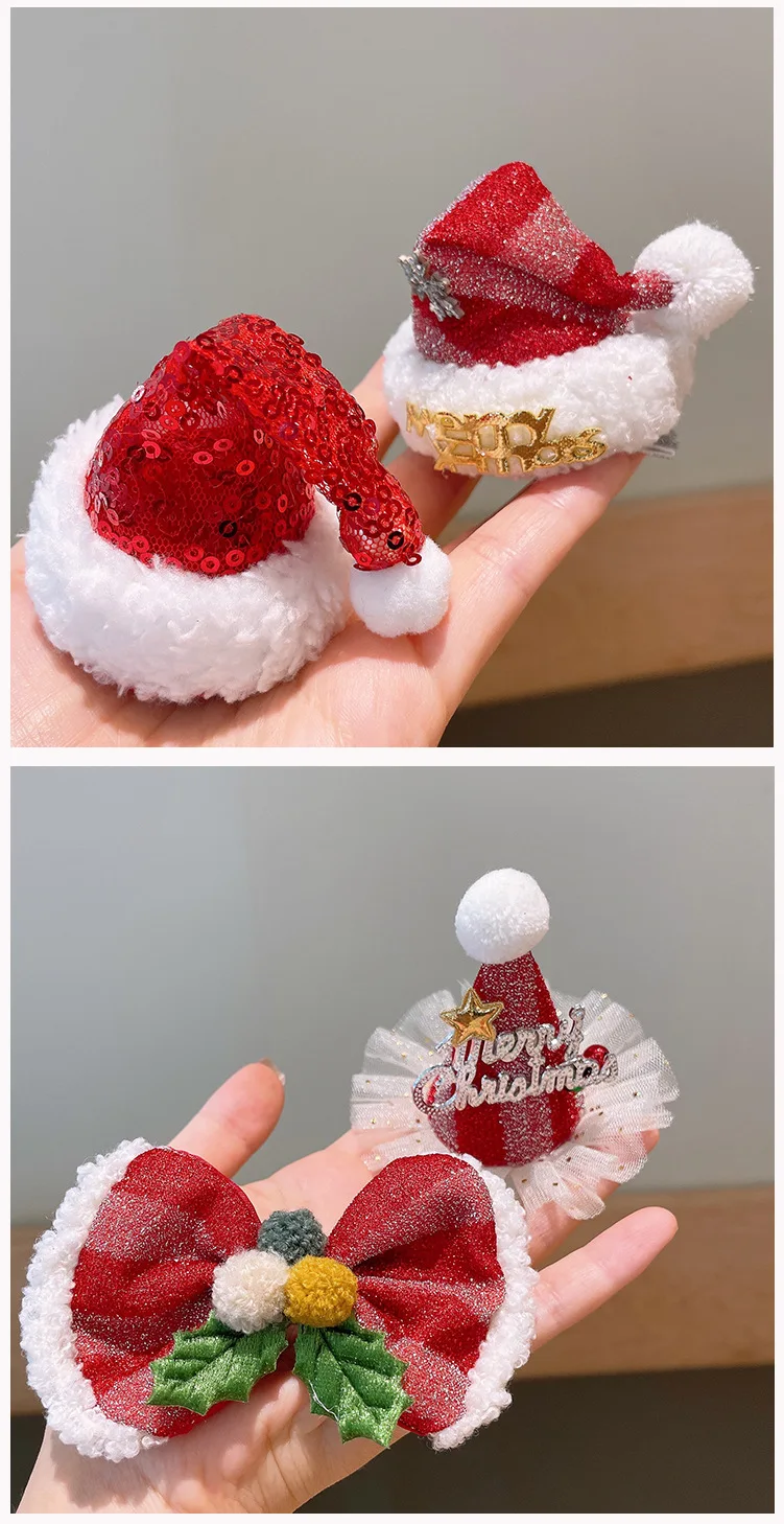 Creative Christmas Hair Clips for Children Cute Red Bowknot Christmas Hat Hairpins Girl Hair Accessories