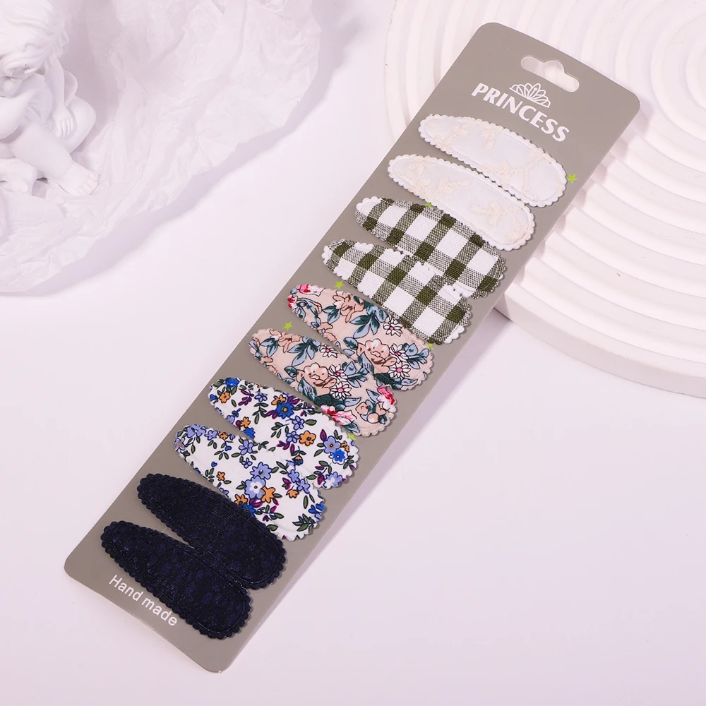 10Pcs/set 2.2'' Printed Embroidery Waterdrop Shape Hair Clips For Cute Girls BB Hairpin Barrettes Headwear Kids Hair Accessories